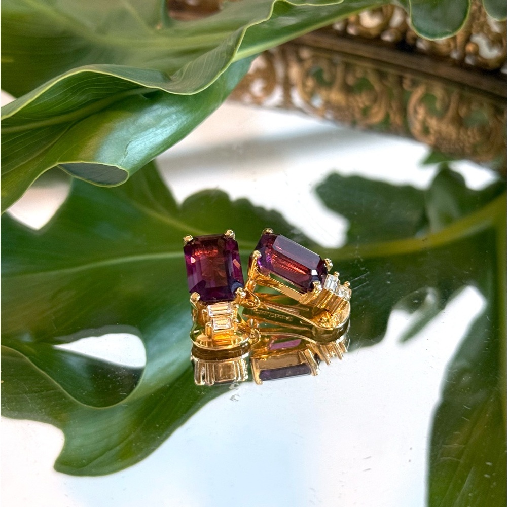 Vintage Christian Dior Gold Tone Purple Colored Crystal Clip Earrings